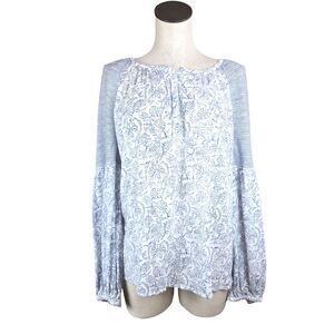 Lucky Brand Blue Top Womens L Mixed Print Peasant Boho Henley Cottagecore Casual